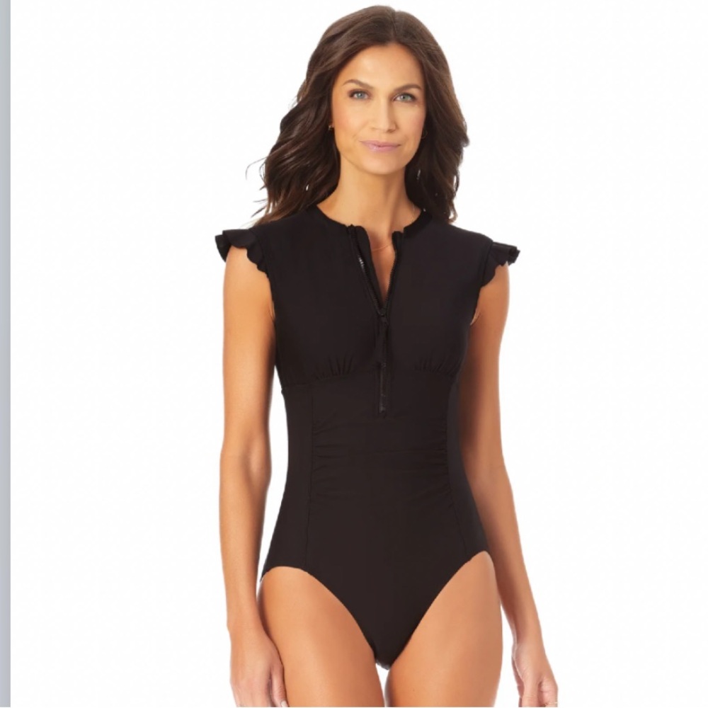 BNWT Anne Cole black flutter sleeve zip rash guard one piece Sz 14
